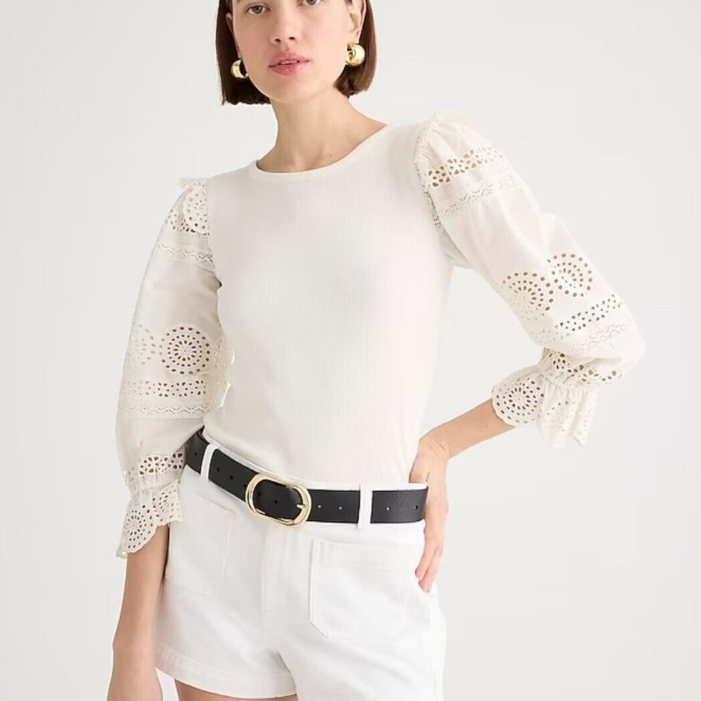 J. Crew Ruffle-trim eyelet top in vintage rib Medium